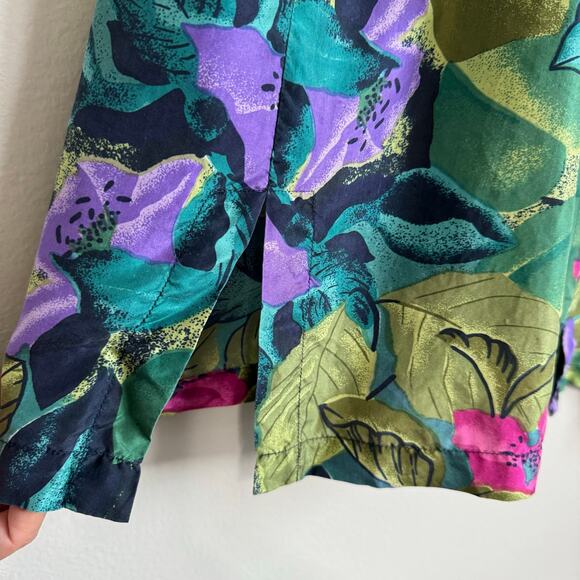 Vintage Women's Silk Shirt Large Floral Button Down Tropical Shoulder Pads 80s - Picture 5 of 10